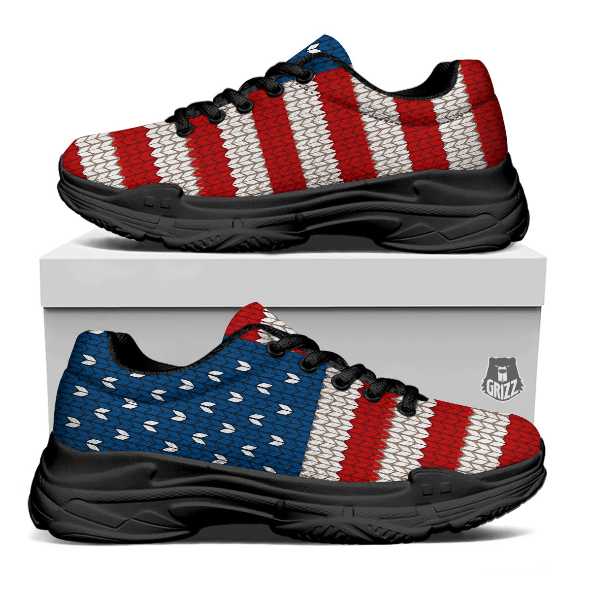 Knitted American Flag Print Black Chunky Shoes-grizzshop