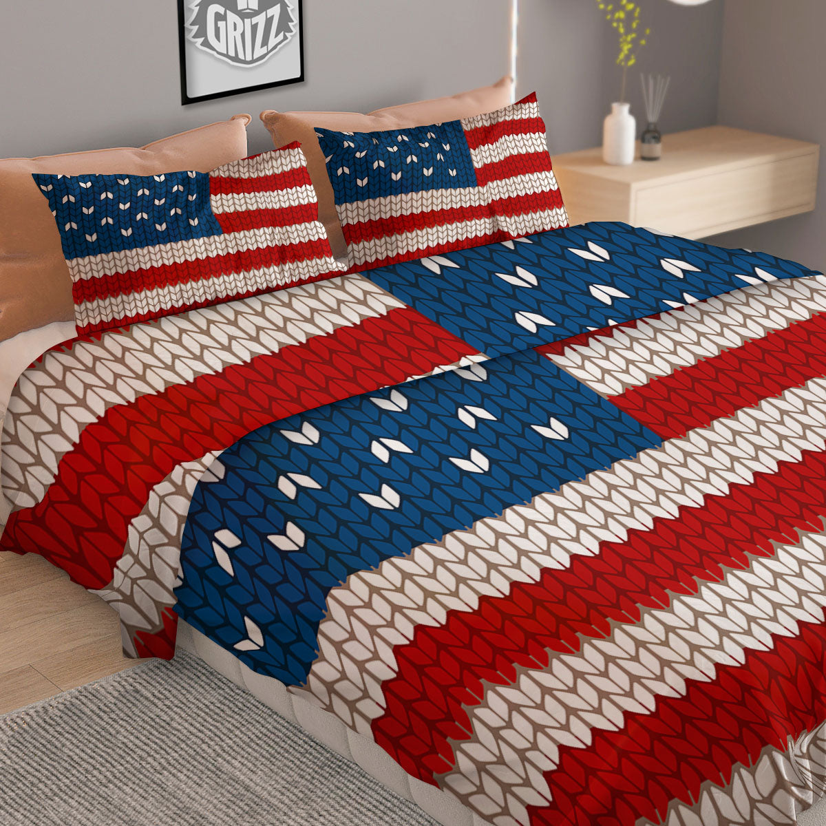 Knitted American Flag Print Duvet Cover Bedding Set