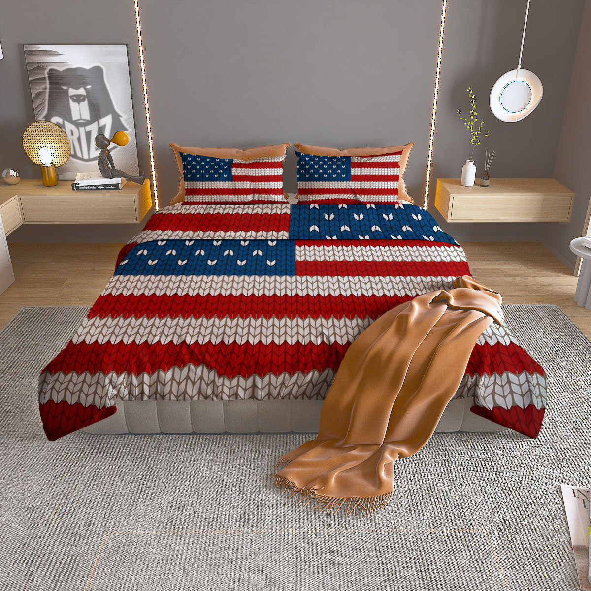 Knitted American Flag Print Duvet Cover Bedding Set