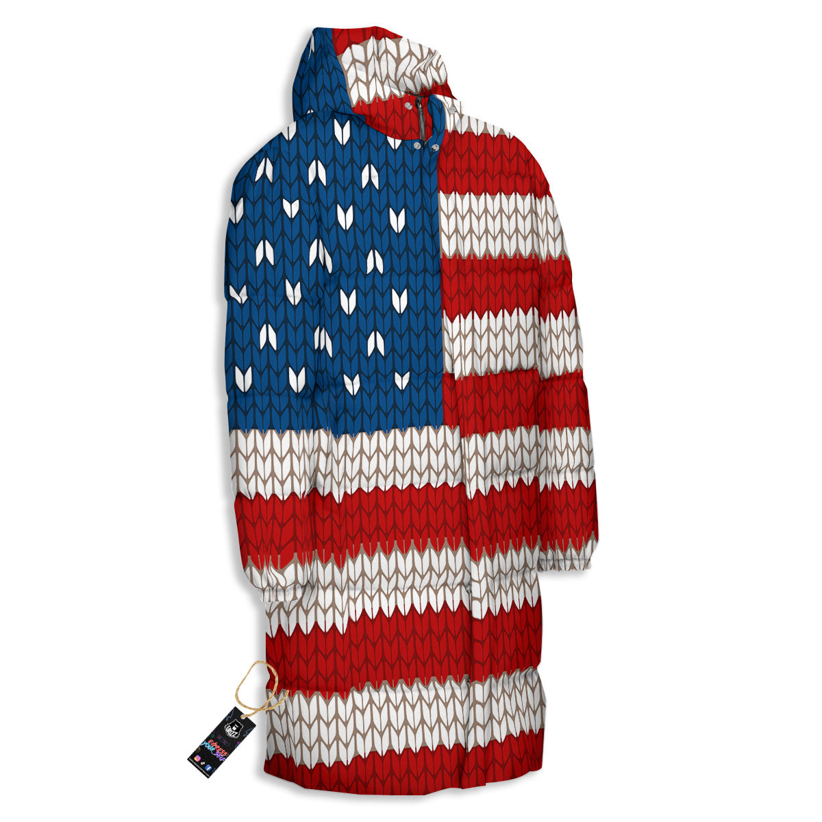 Knitted American Flag Print Long Down Jacket-grizzshop