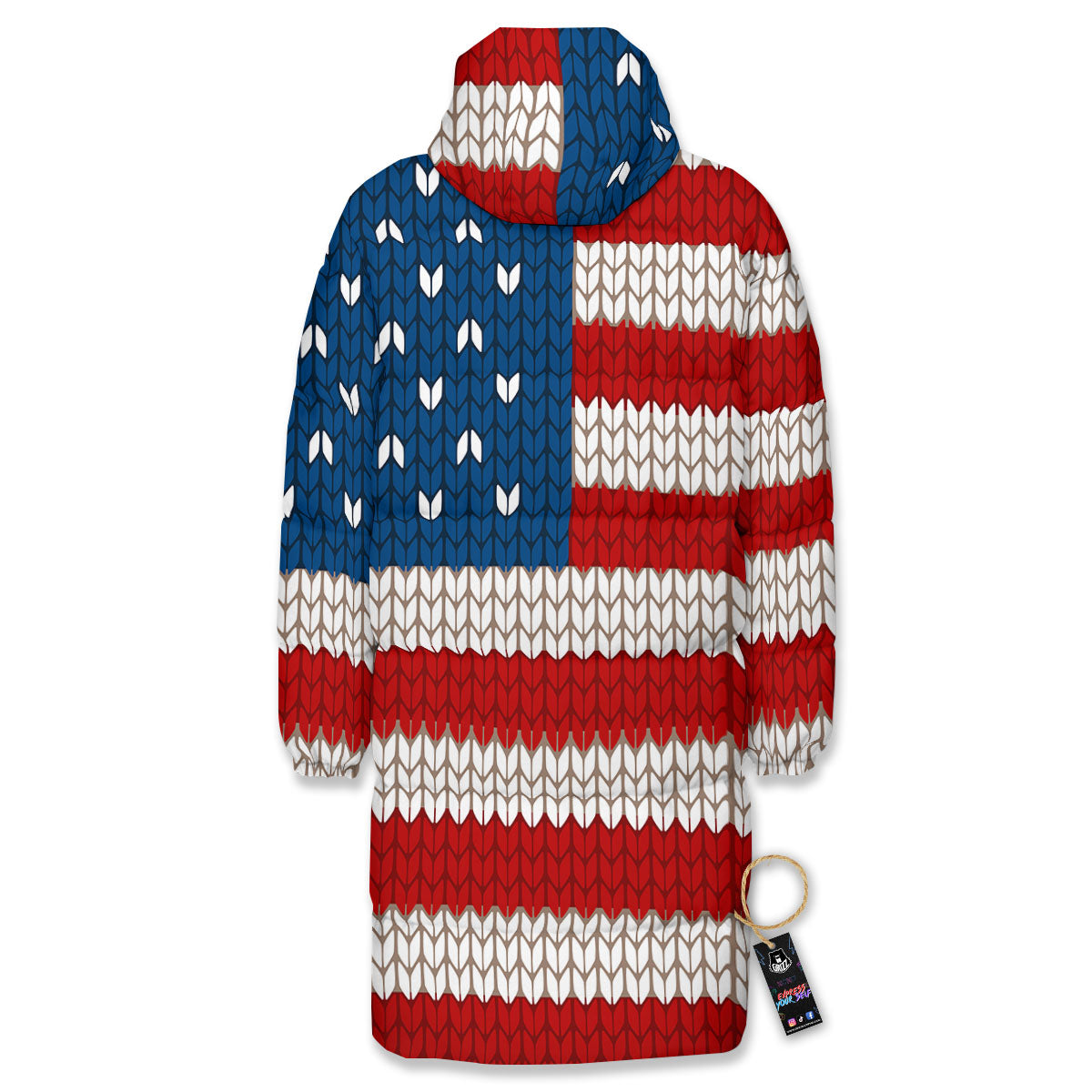 Knitted American Flag Print Long Down Jacket-grizzshop