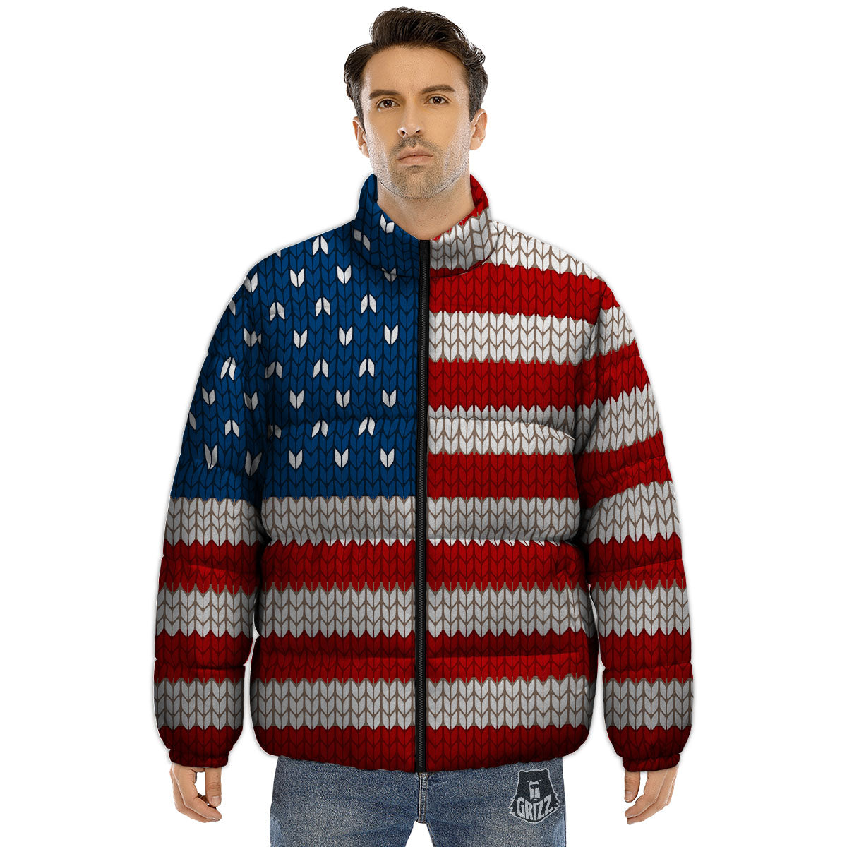 Knitted American Flag Print Puffer Jacket-grizzshop