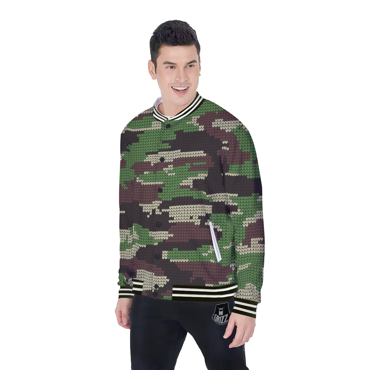 Knitted Army Camouflage Print Pattern Baseball Jacket-grizzshop