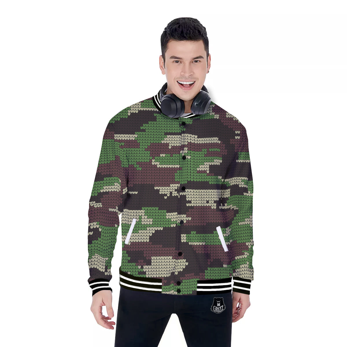 Knitted Army Camouflage Print Pattern Baseball Jacket