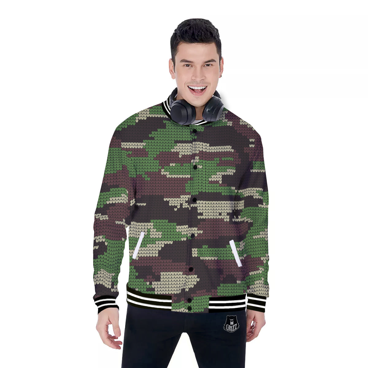 Knitted Army Camouflage Print Pattern Baseball Jacket-grizzshop