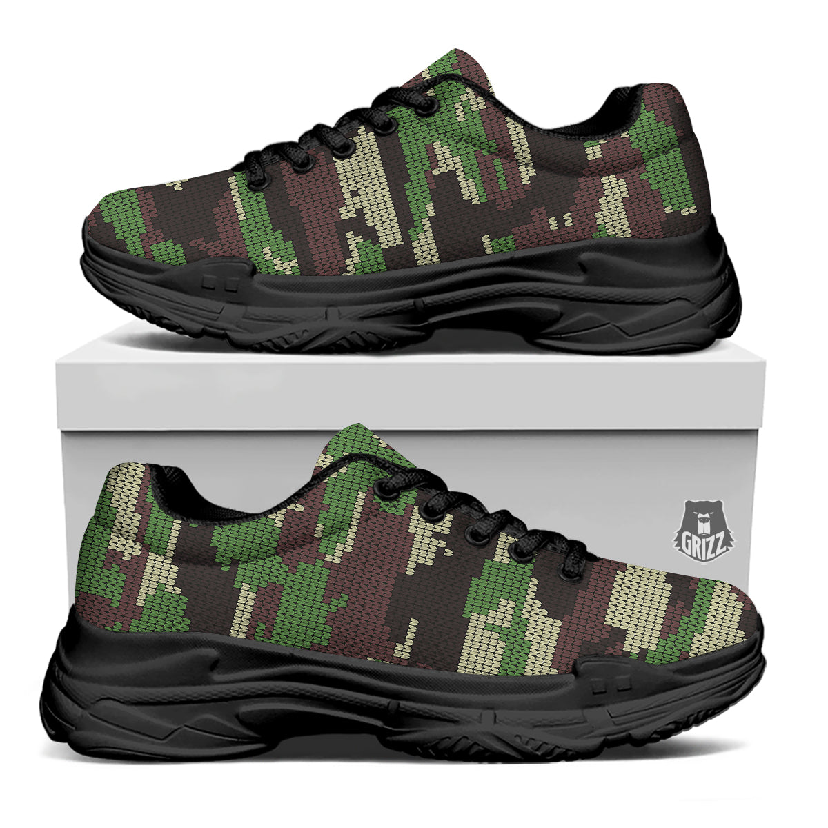 Knitted Army Camouflage Print Pattern Black Chunky Shoes-grizzshop