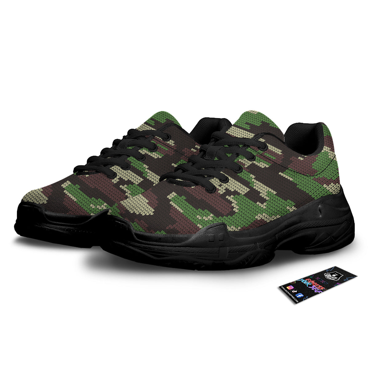Knitted Army Camouflage Print Pattern Black Chunky Shoes-grizzshop
