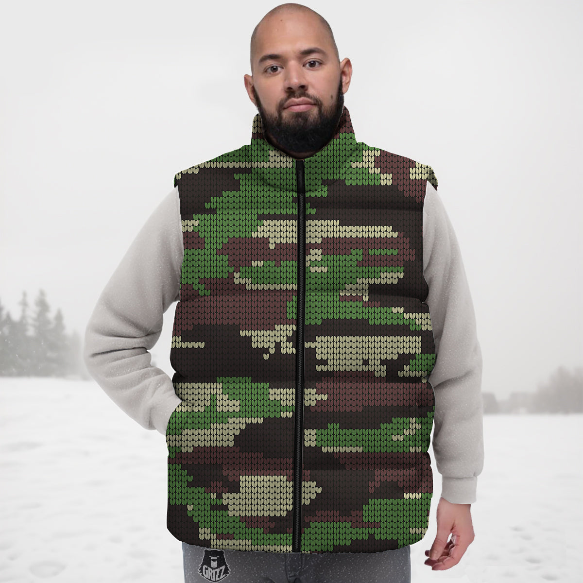 Knitted Army Camouflage Print Pattern Down Vest
