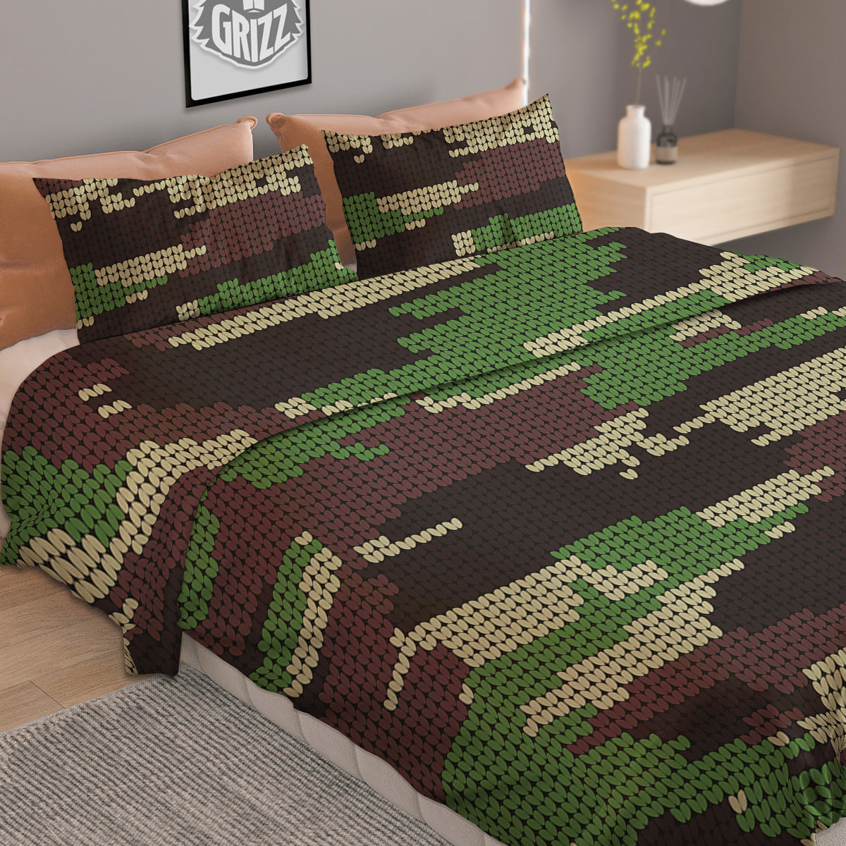 Knitted Army Camouflage Print Pattern Duvet Cover Bedding Set