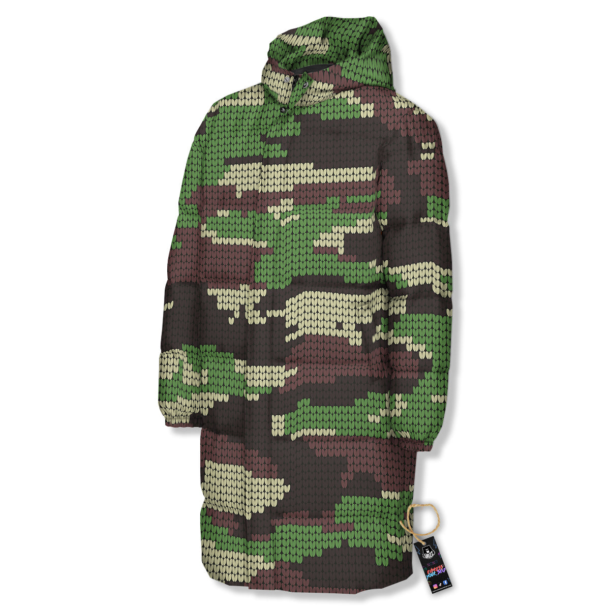 Knitted Army Camouflage Print Pattern Long Down Jacket-grizzshop