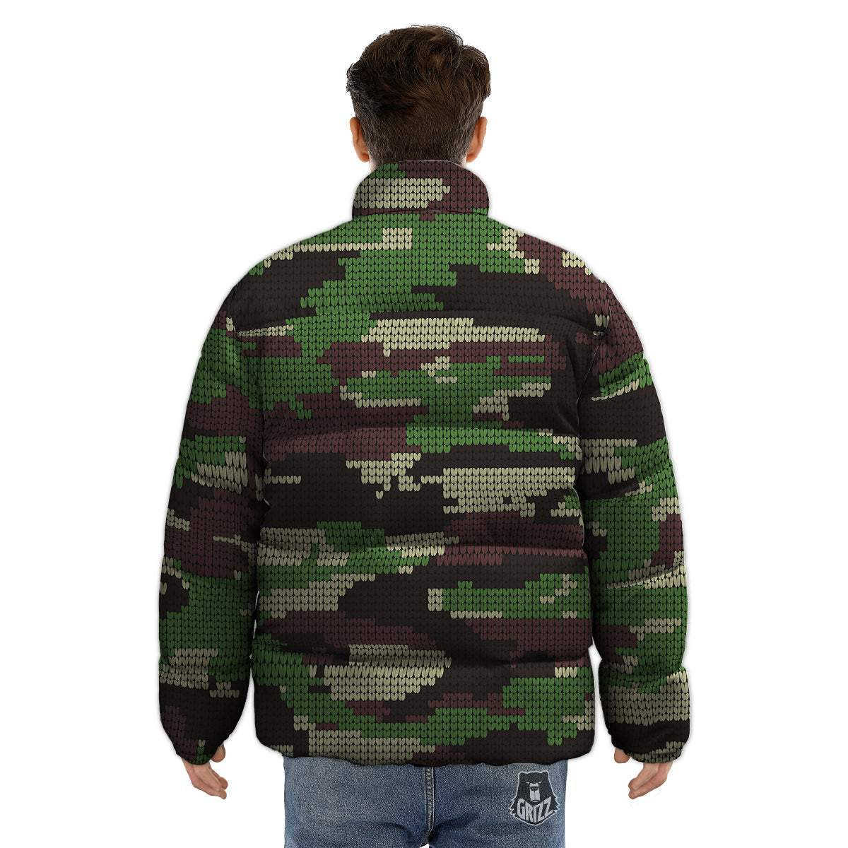 Knitted Army Camouflage Print Pattern Puffer Jacket-grizzshop