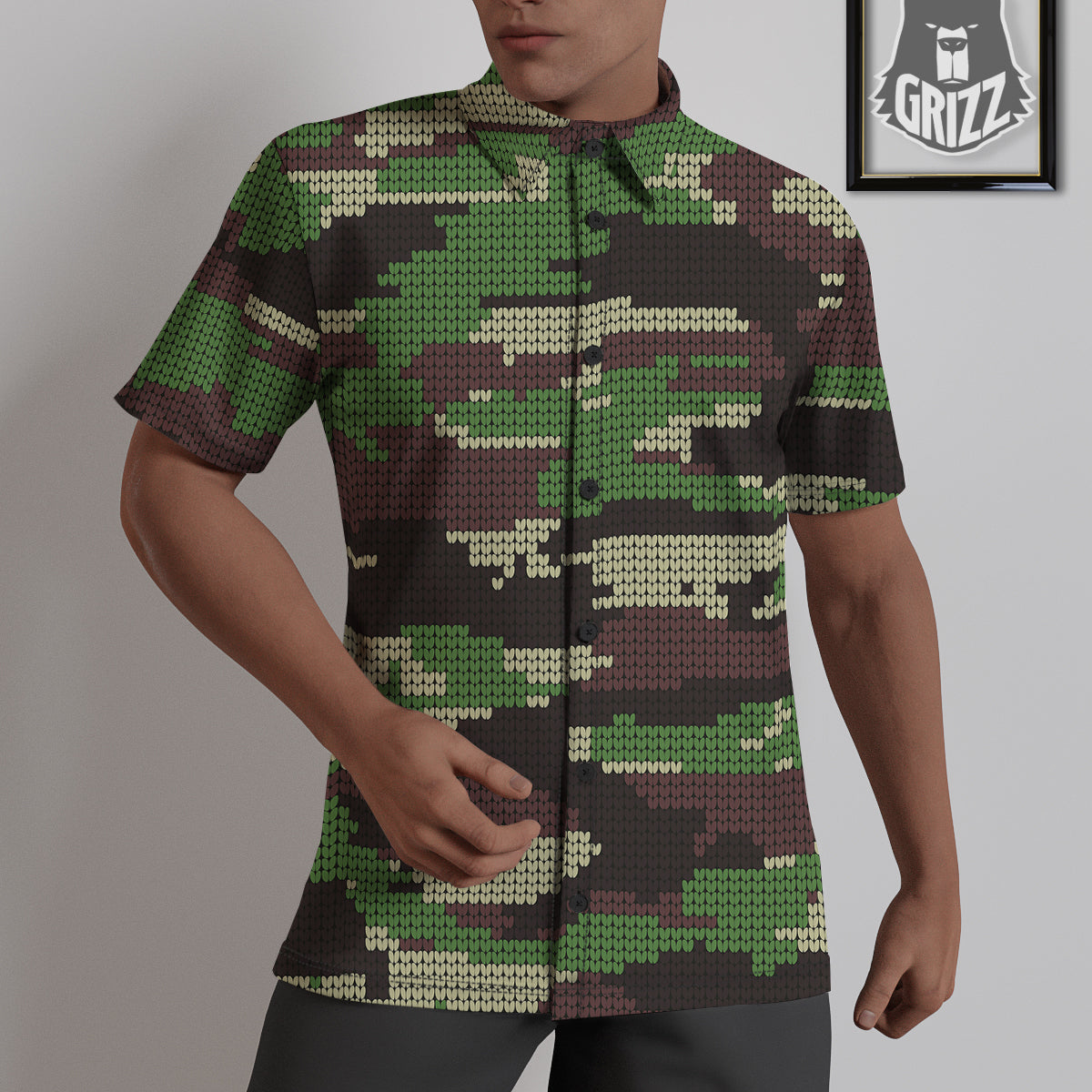 Knitted Army Camouflage Print Pattern Untucked Shirts-grizzshop