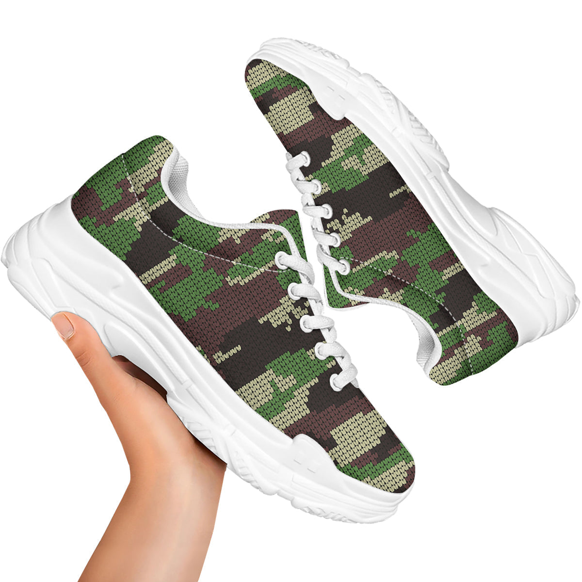 Knitted Army Camouflage Print Pattern White Chunky Shoes-grizzshop