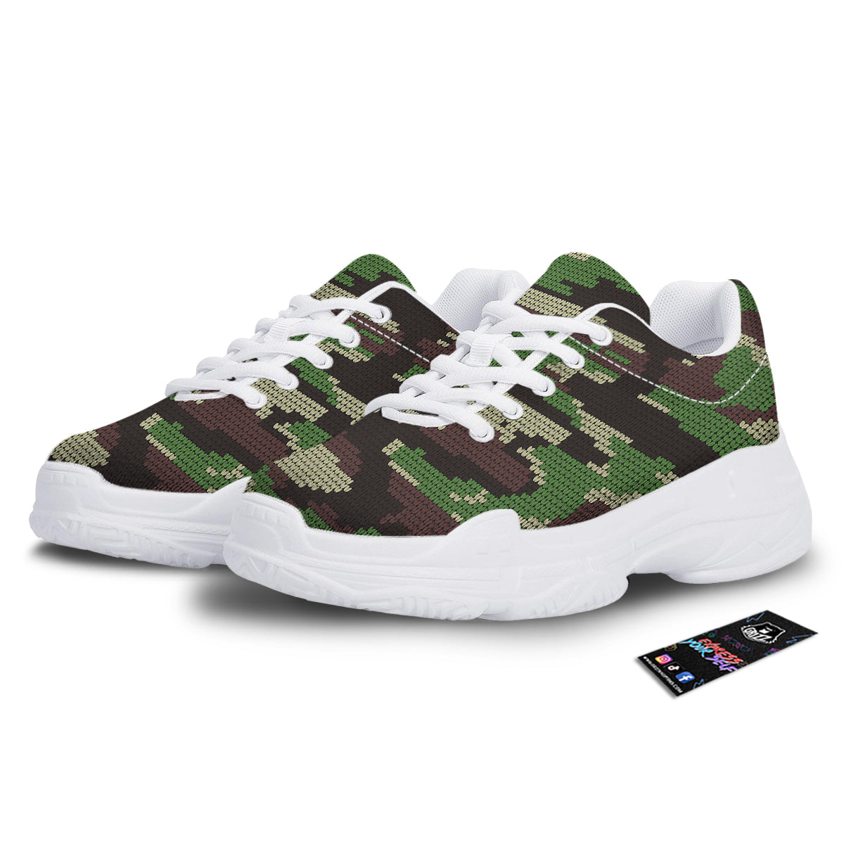 Knitted Army Camouflage Print Pattern White Chunky Shoes-grizzshop