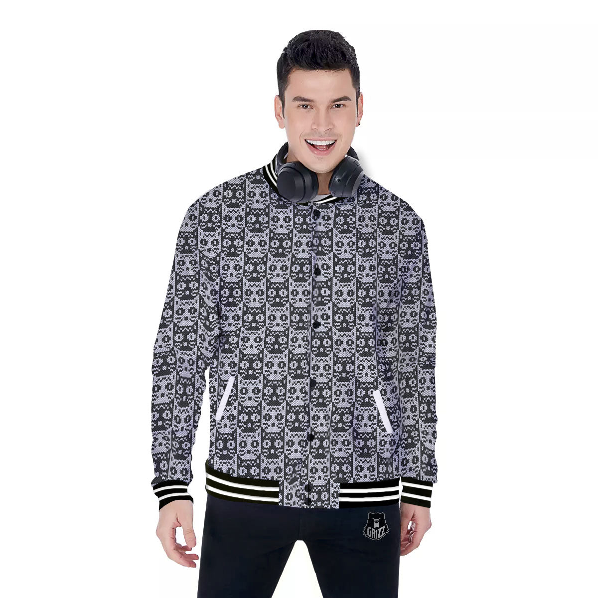 Knitted Black Cat Print Pattern Baseball Jacket-grizzshop