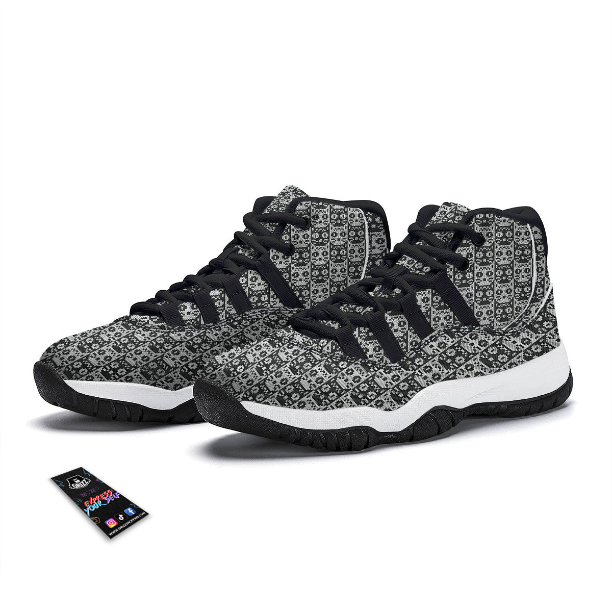 Knitted Black Cat Print Pattern Black Bball Shoes-grizzshop