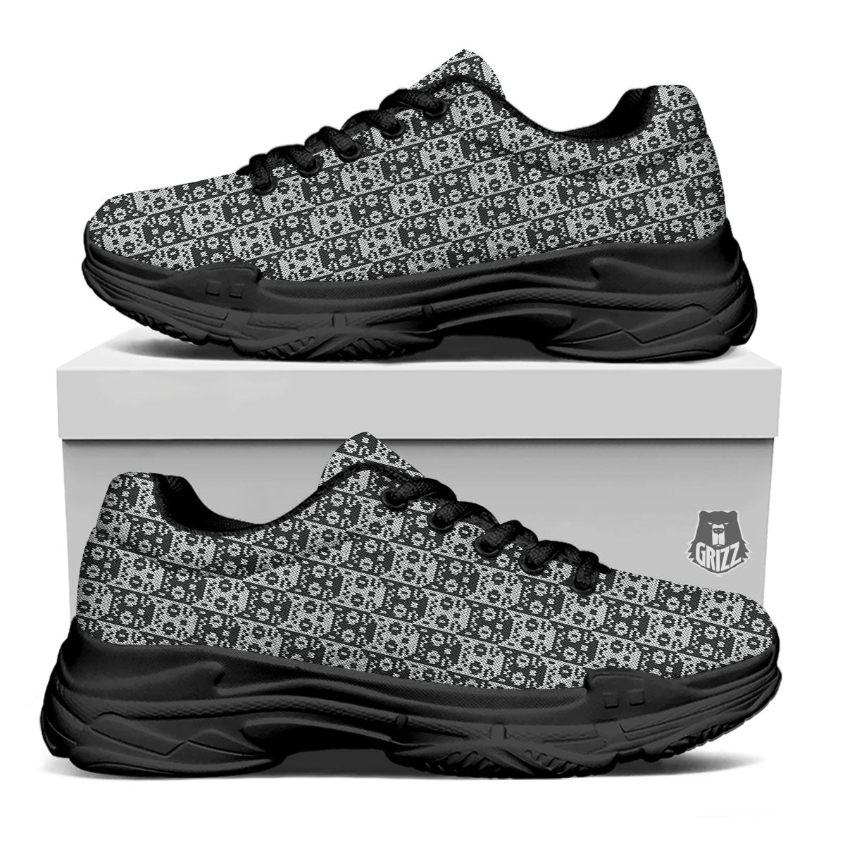 Knitted Black Cat Print Pattern Black Chunky Shoes-grizzshop