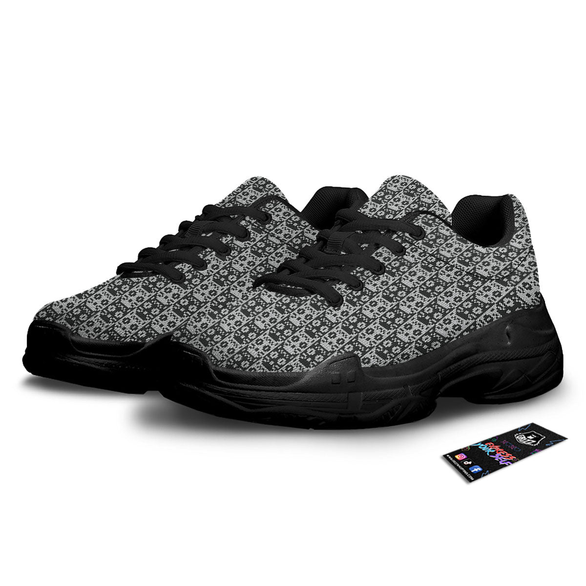 Knitted Black Cat Print Pattern Black Chunky Shoes-grizzshop