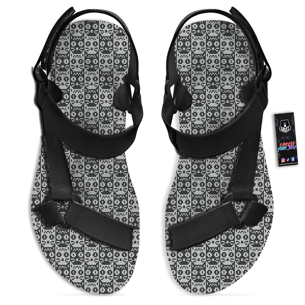 Knitted Black Cat Print Pattern Black Open Toe Sandals-grizzshop