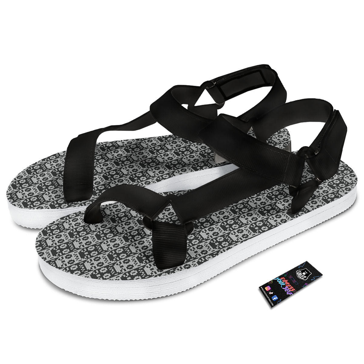 Knitted Black Cat Print Pattern Black Open Toe Sandals-grizzshop