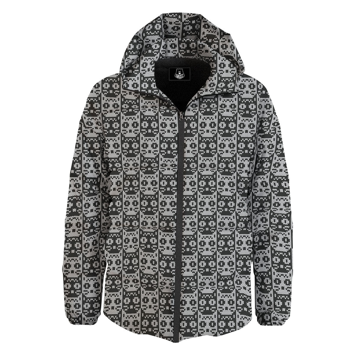 Knitted Black Cat Print Pattern Down Jacket-grizzshop