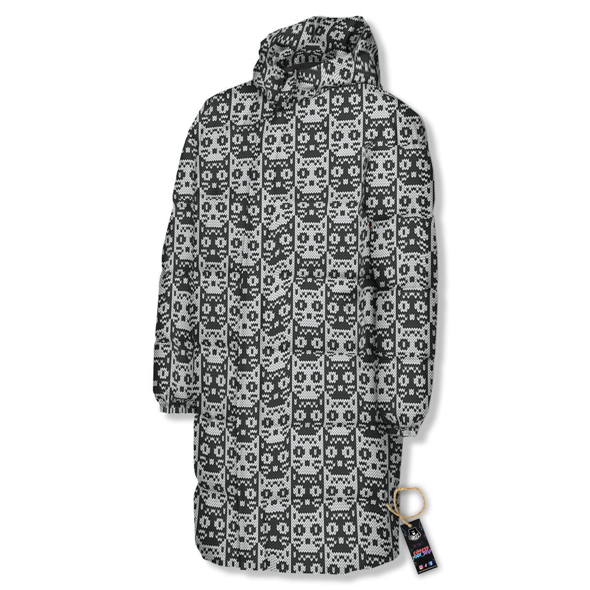 Knitted Black Cat Print Pattern Long Down Jacket-grizzshop