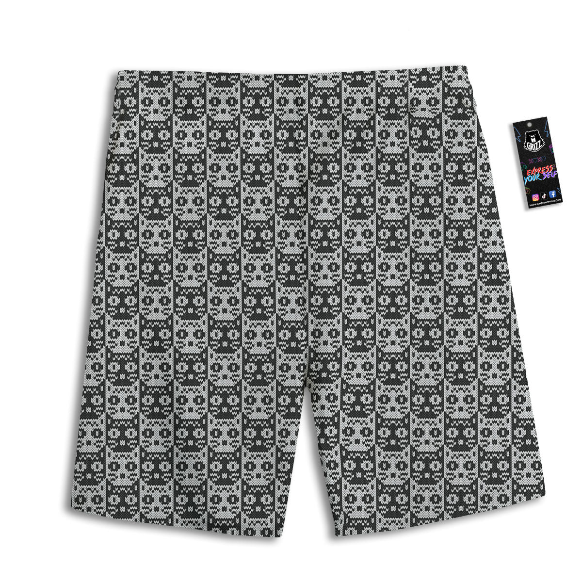 Knitted Black Cat Print Pattern Men's Athletic Shorts