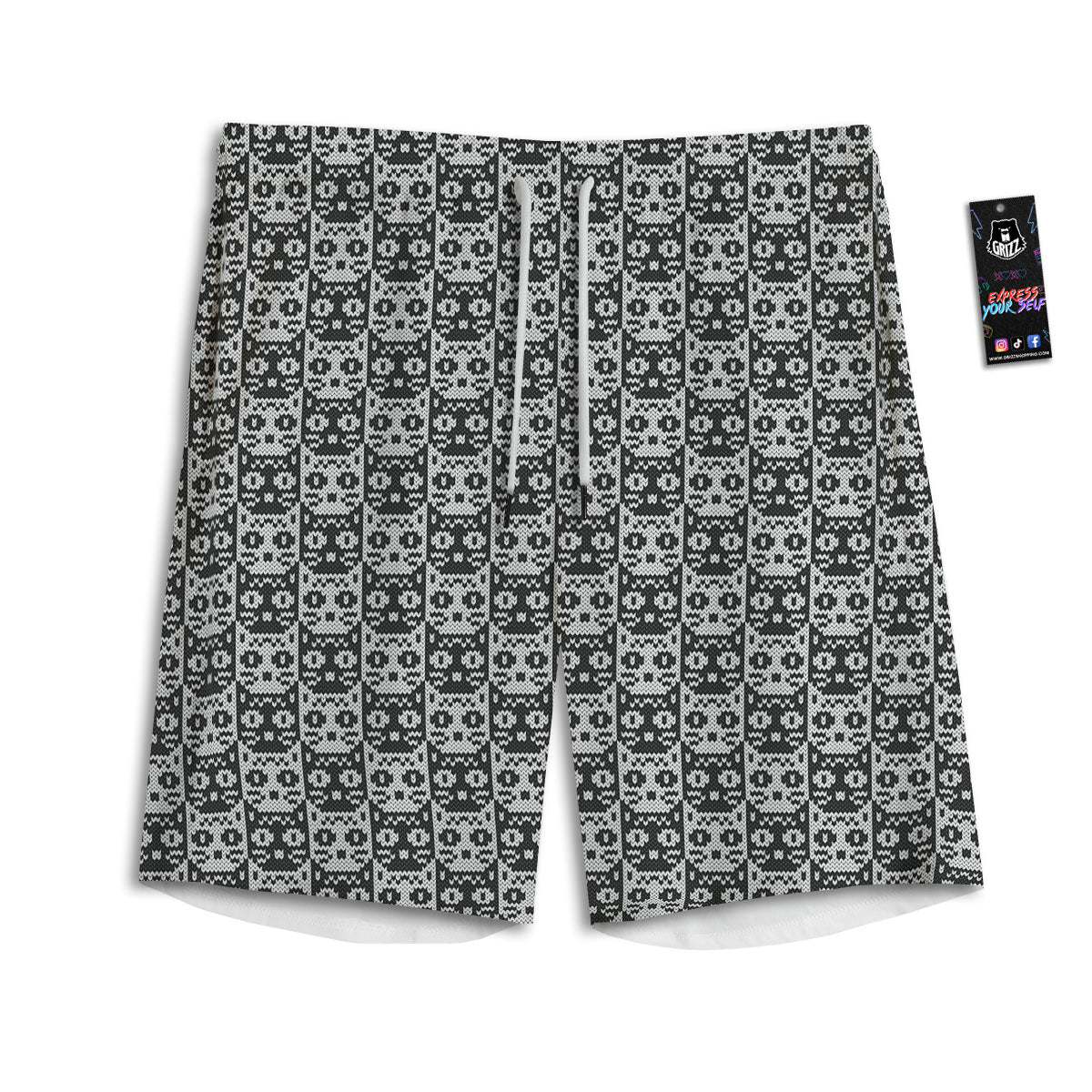 Knitted Black Cat Print Pattern Men's Athletic Shorts