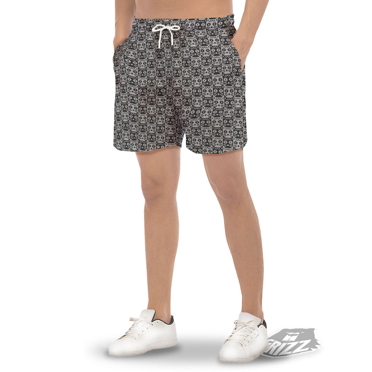 Knitted Black Cat Print Pattern Men's Gym Shorts-grizzshop