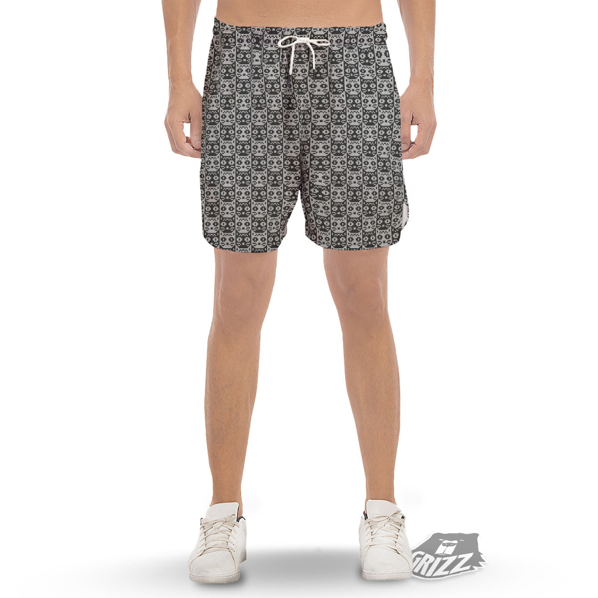 Knitted Black Cat Print Pattern Men's Gym Shorts-grizzshop