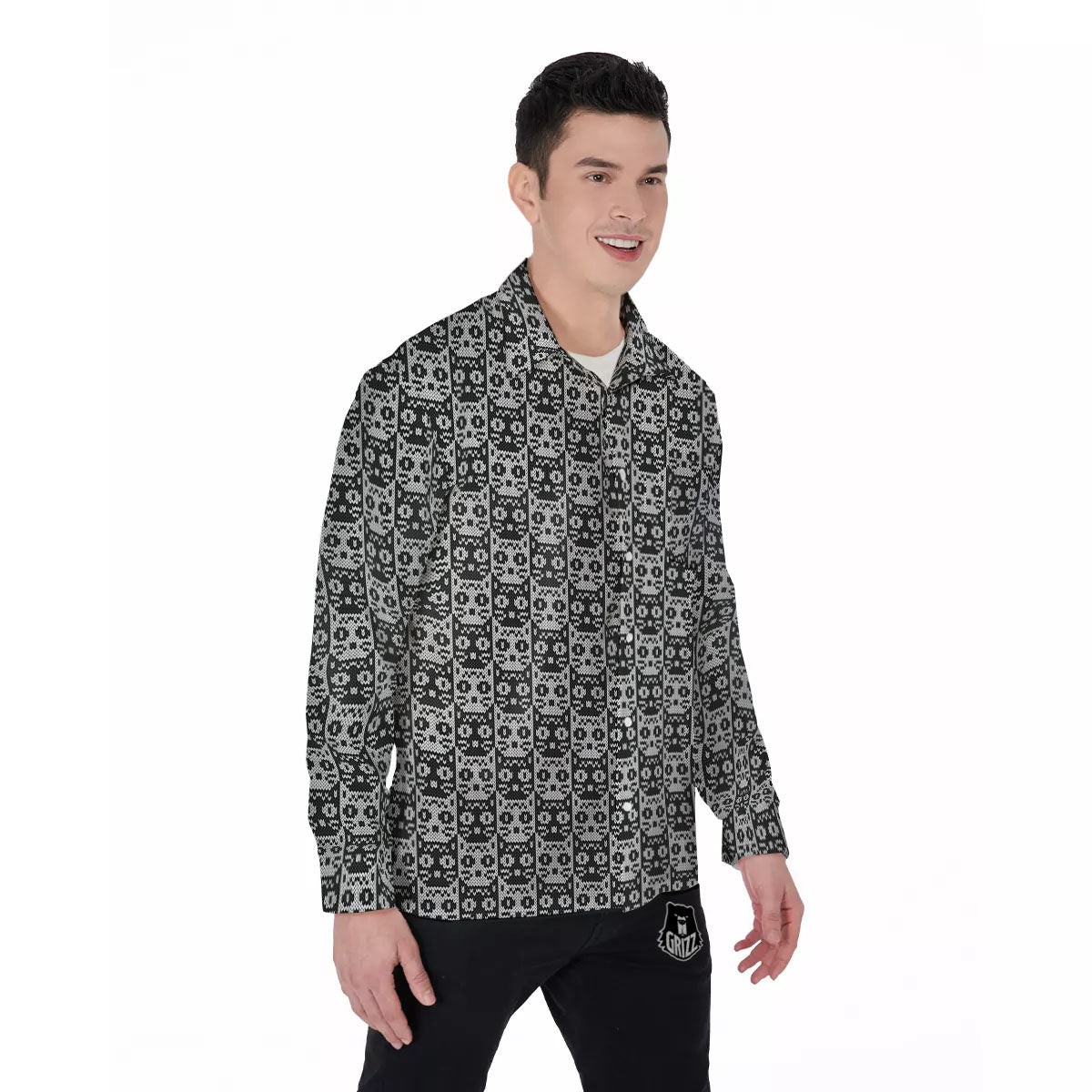 Knitted Black Cat Print Pattern Men's Long Sleeve Shirts-grizzshop