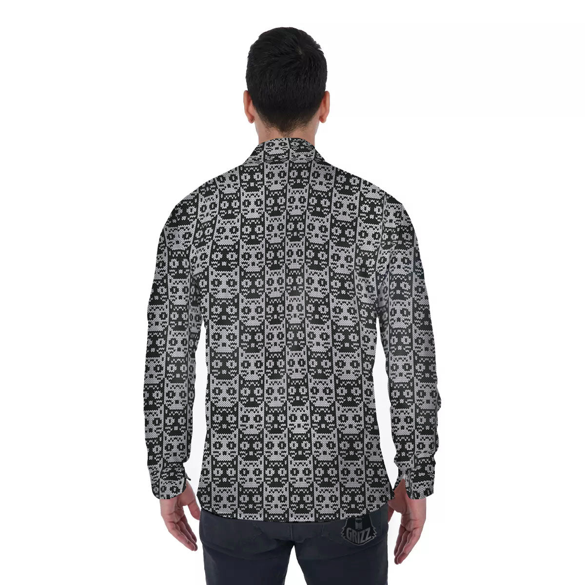 Knitted Black Cat Print Pattern Men's Long Sleeve Shirts-grizzshop