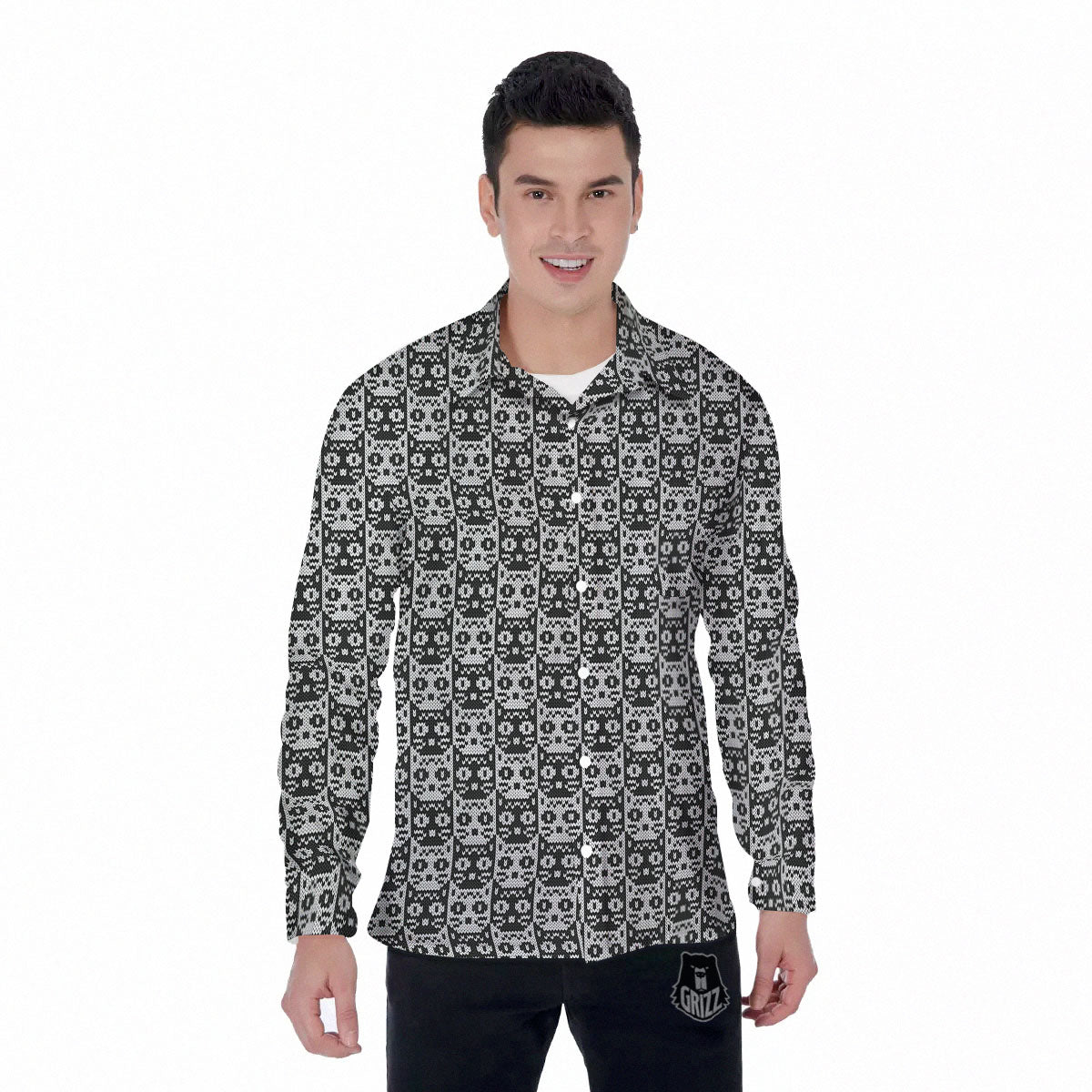 Knitted Black Cat Print Pattern Men's Long Sleeve Shirts-grizzshop