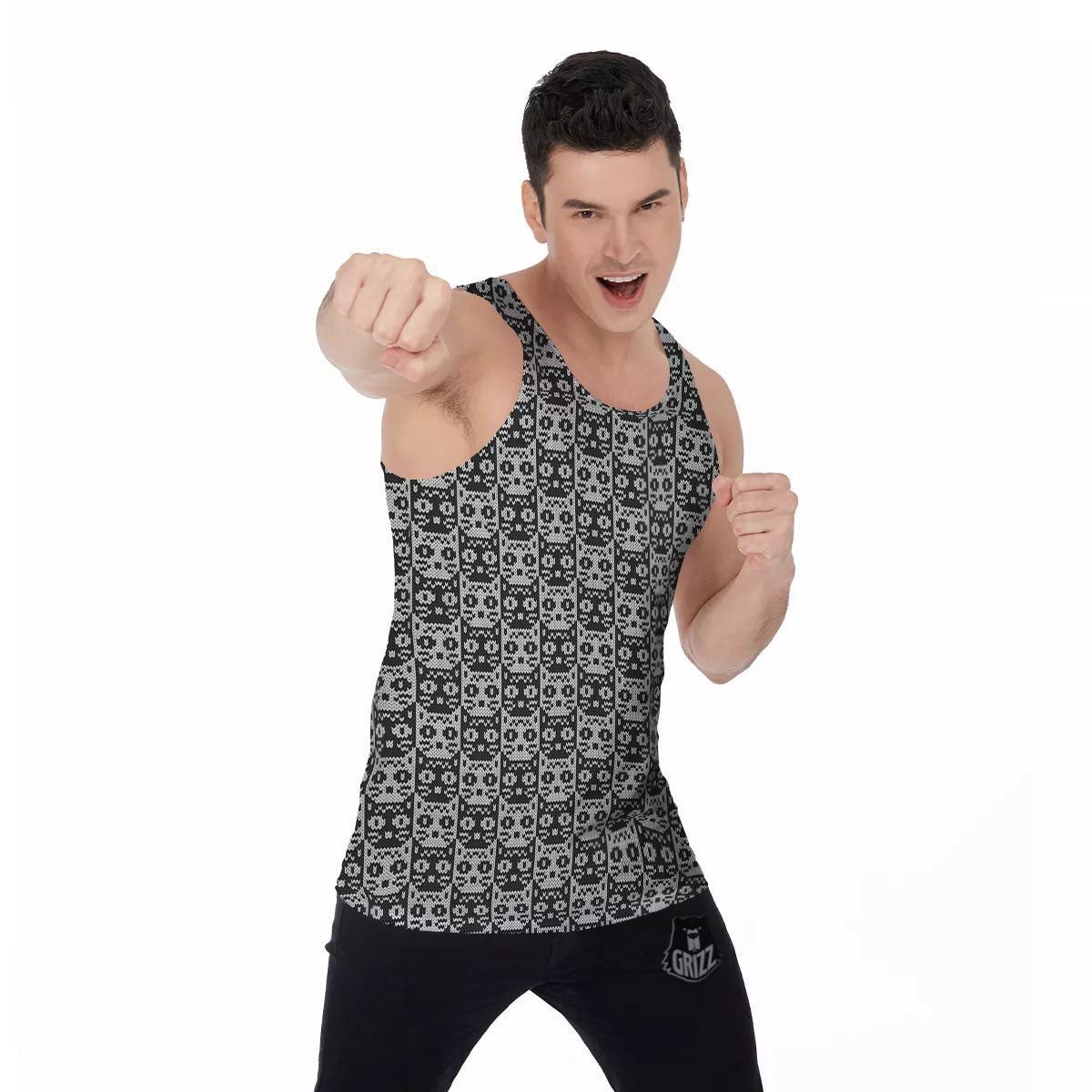 Knitted Black Cat Print Pattern Men's Tank Top-grizzshop