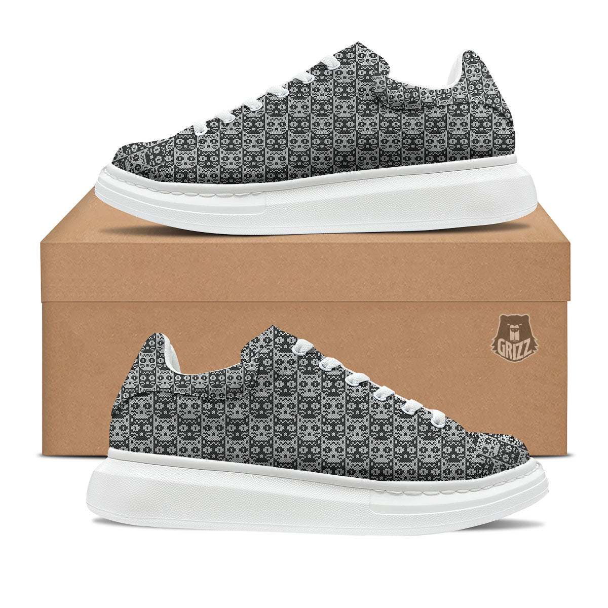 Knitted Black Cat Print Pattern Platform Shoes-grizzshop