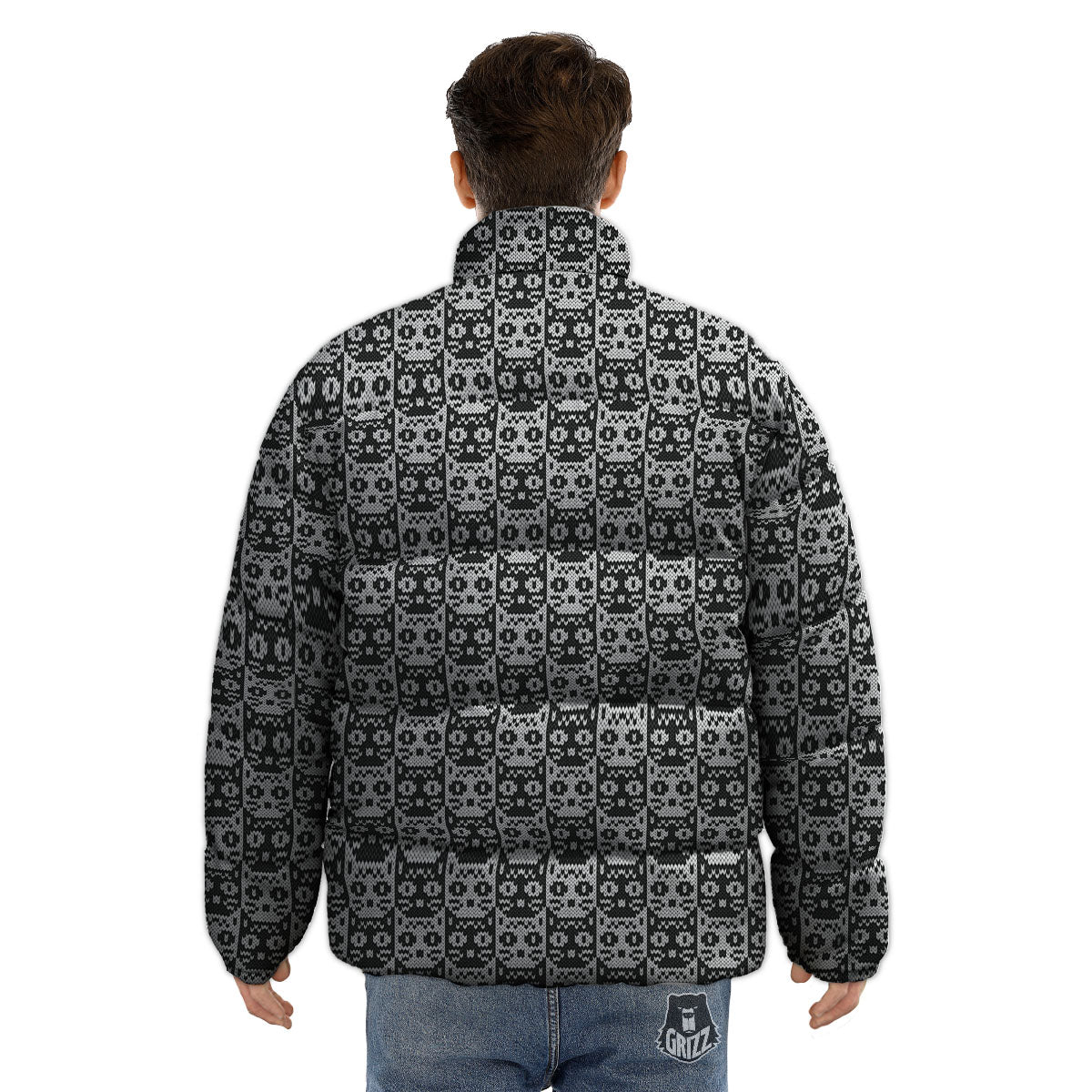 Knitted Black Cat Print Pattern Puffer Jacket-grizzshop