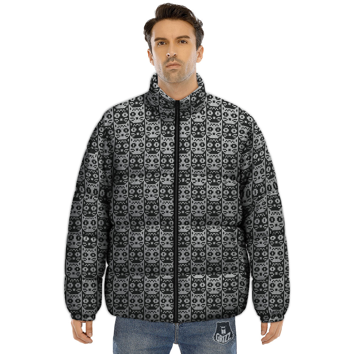 Knitted Black Cat Print Pattern Puffer Jacket-grizzshop