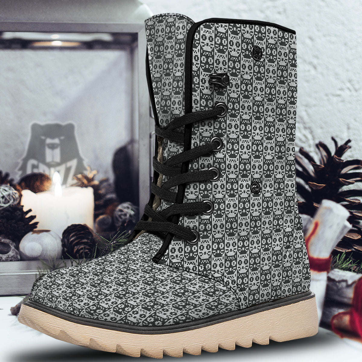 Knitted Black Cat Print Pattern Snow Boots-grizzshop