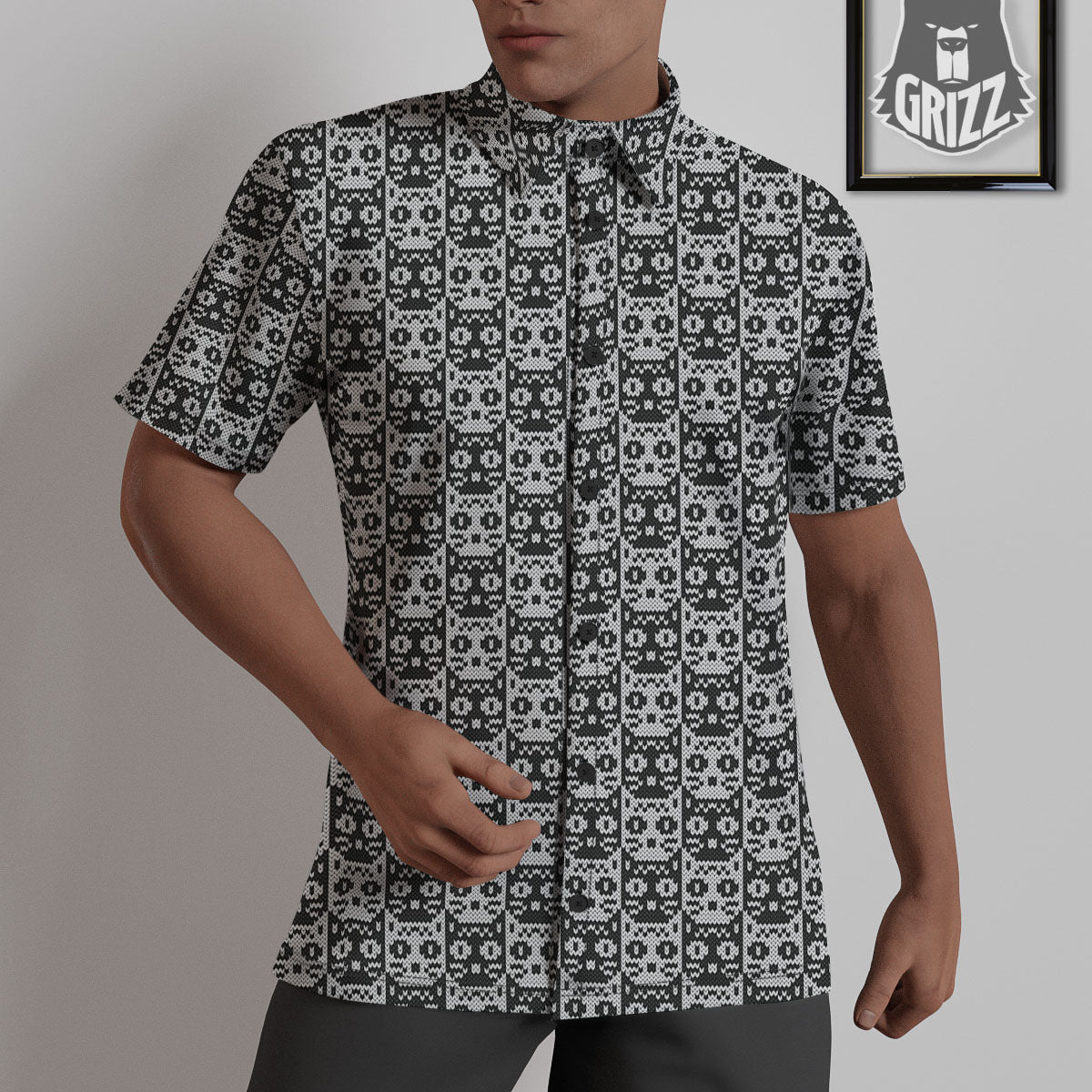 Knitted Black Cat Print Pattern Untucked Shirts-grizzshop
