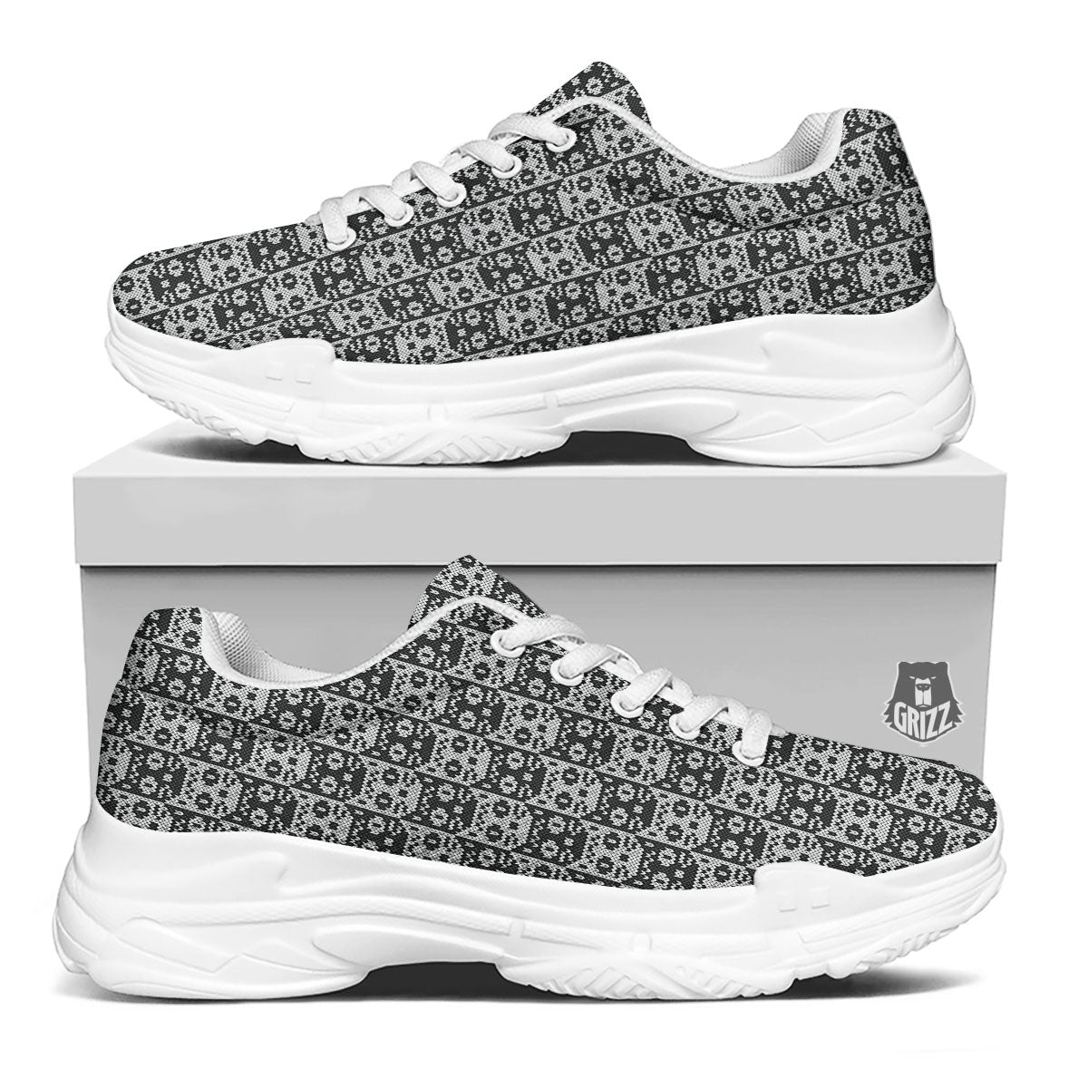 Knitted Black Cat Print Pattern White Chunky Shoes-grizzshop