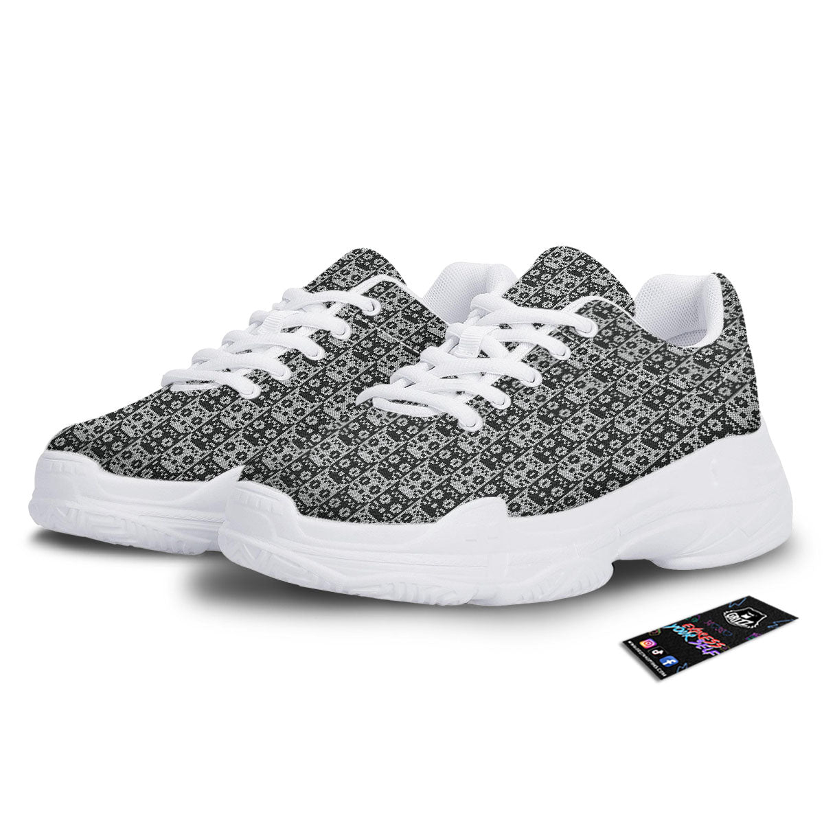 Knitted Black Cat Print Pattern White Chunky Shoes-grizzshop