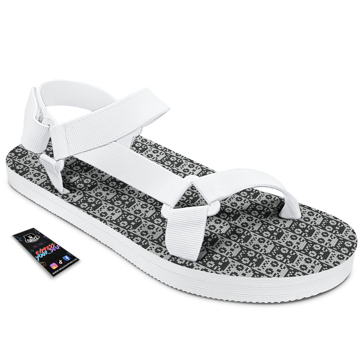 Knitted Black Cat Print Pattern White Open Toe Sandals-grizzshop