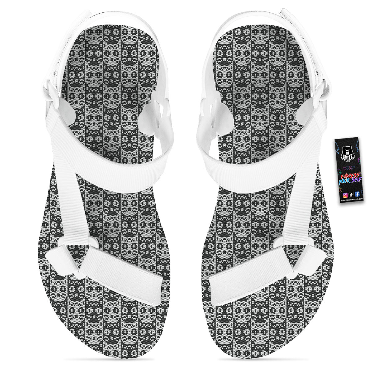 Knitted Black Cat Print Pattern White Open Toe Sandals-grizzshop