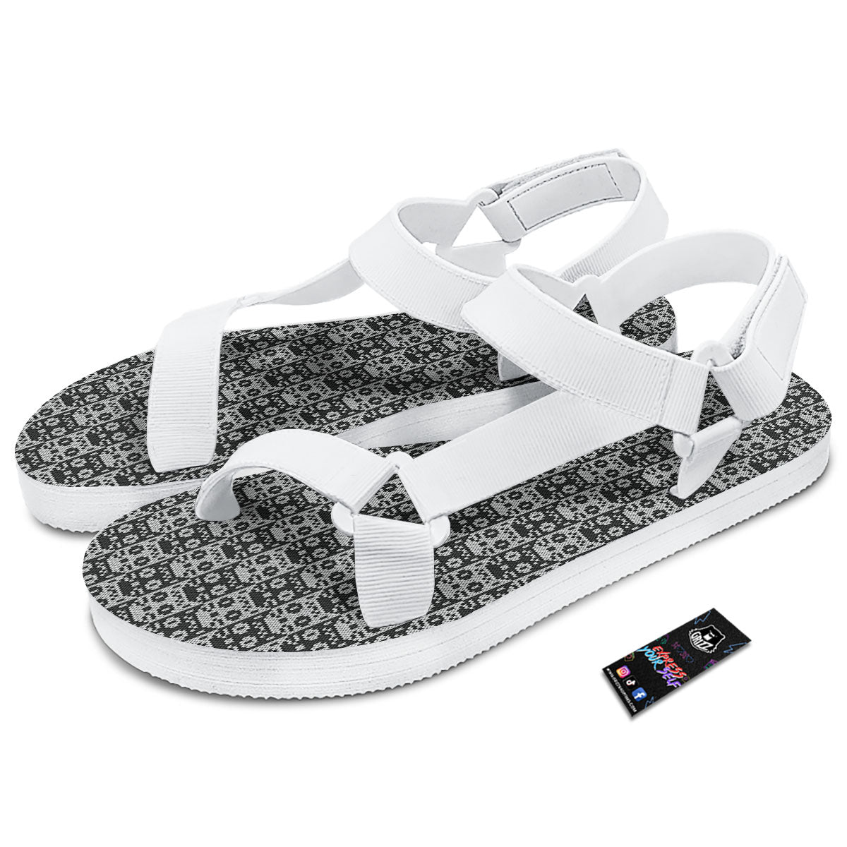 Knitted Black Cat Print Pattern White Open Toe Sandals-grizzshop