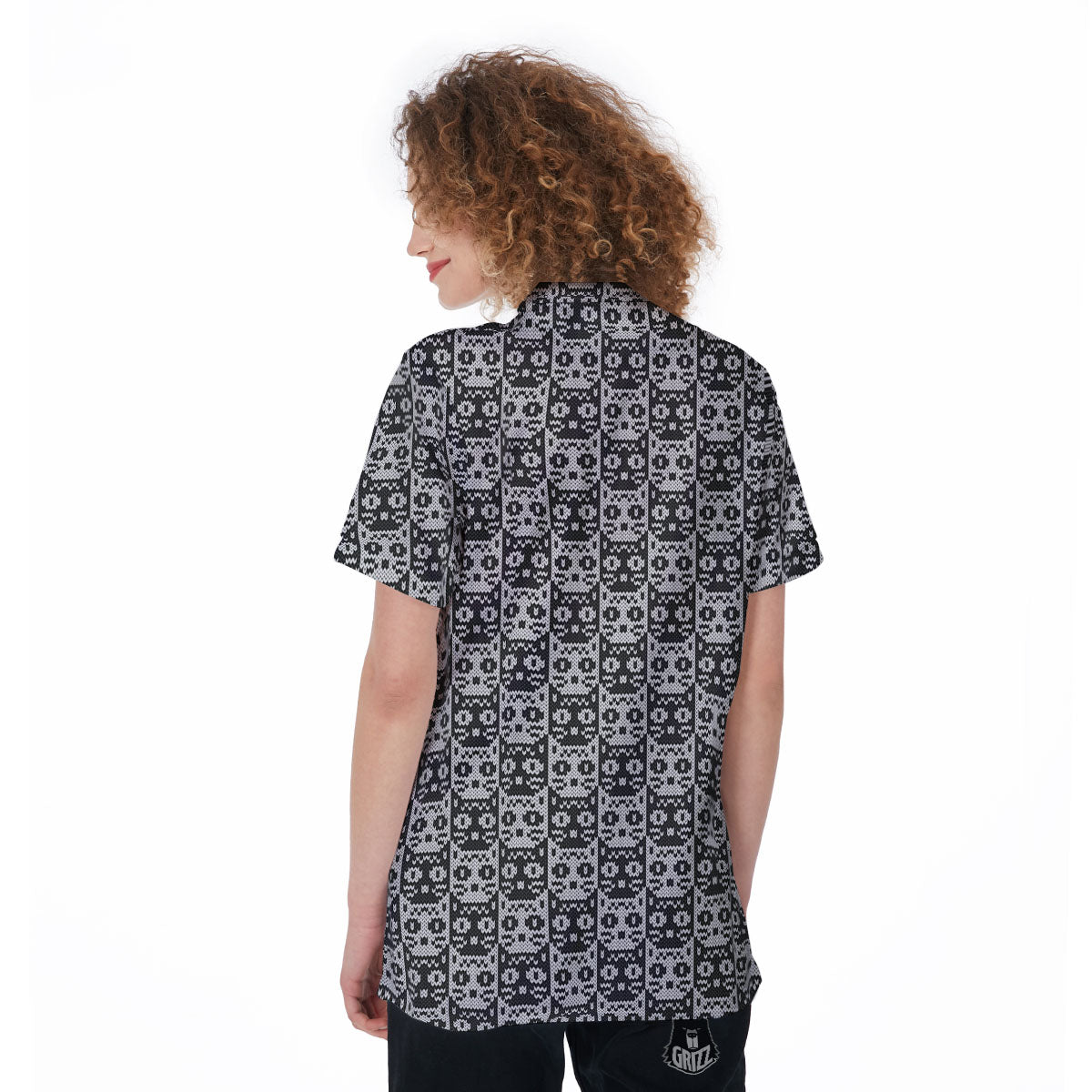 Knitted Black Cat Print Pattern Women's Golf Shirts-grizzshop