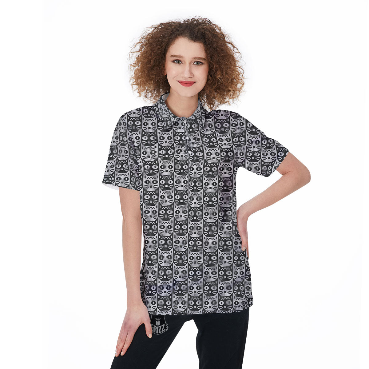 Knitted Black Cat Print Pattern Women's Golf Shirts-grizzshop