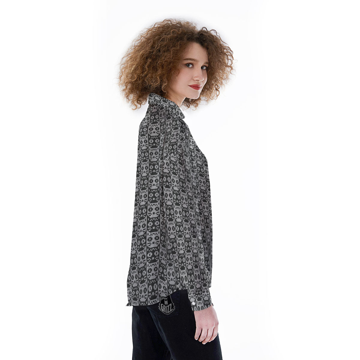 Knitted Black Cat Print Pattern Women's Long Sleeve Shirts-grizzshop
