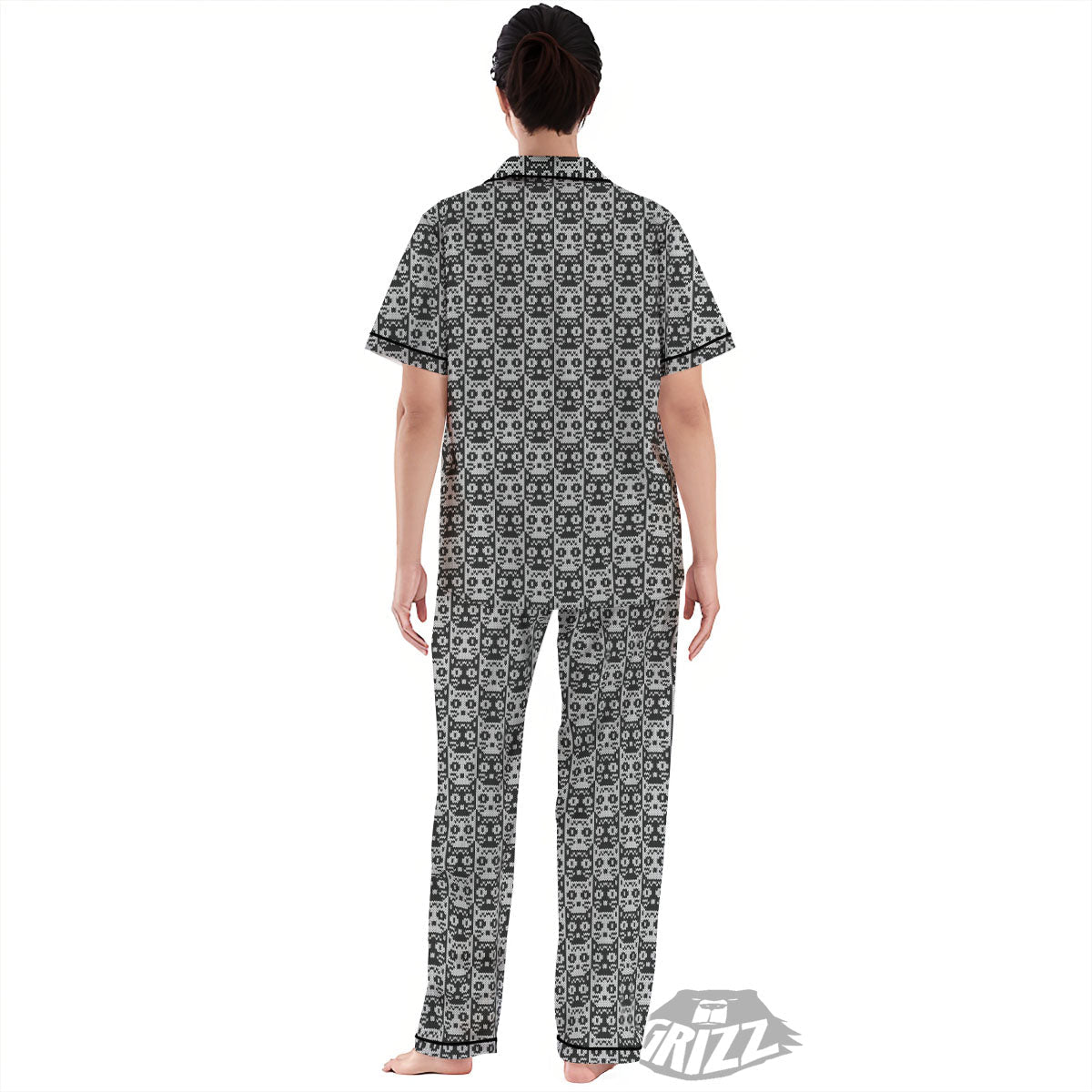 Knitted Black Cat Print Pattern Women's Pajamas Set-grizzshop