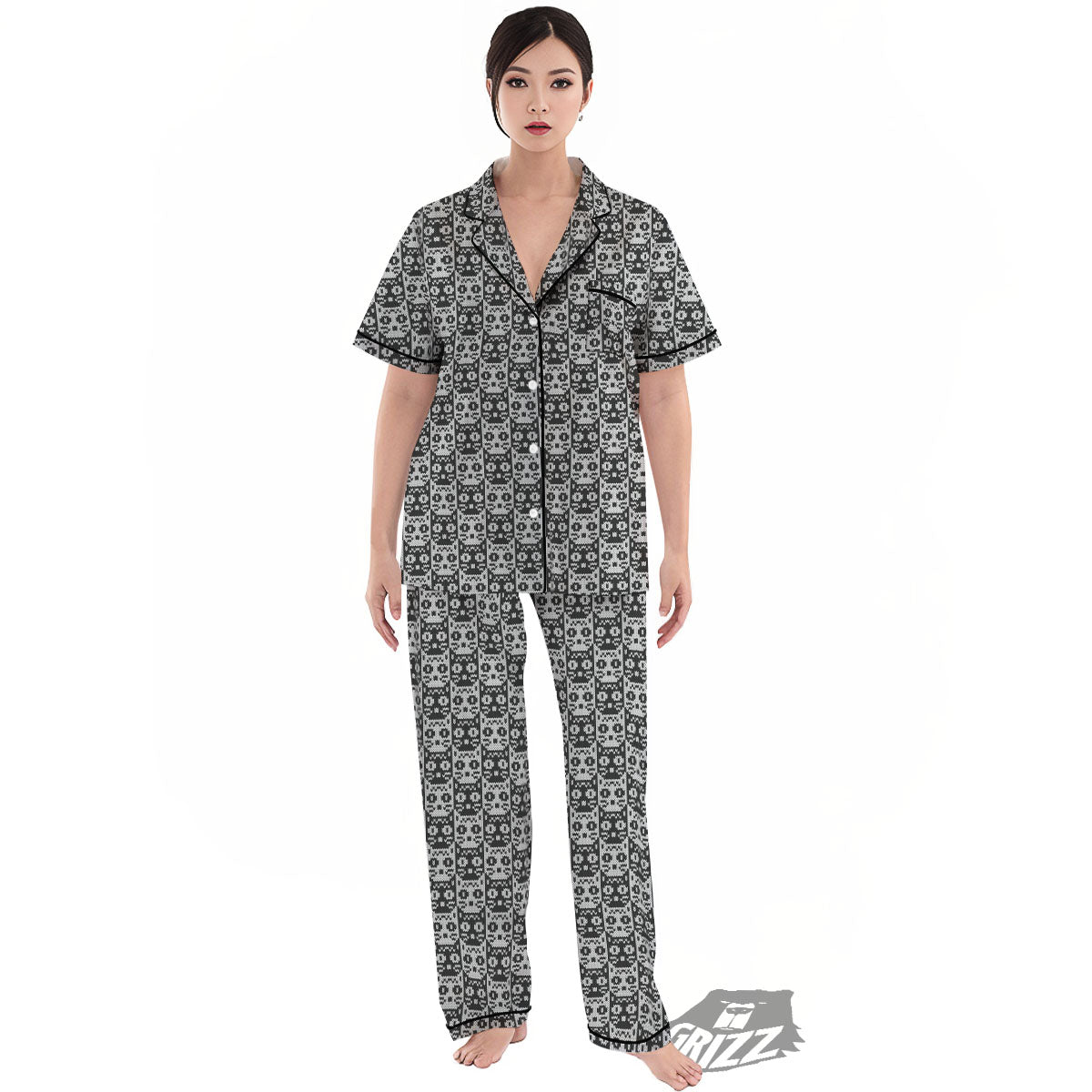 Knitted Black Cat Print Pattern Women's Pajamas Set-grizzshop