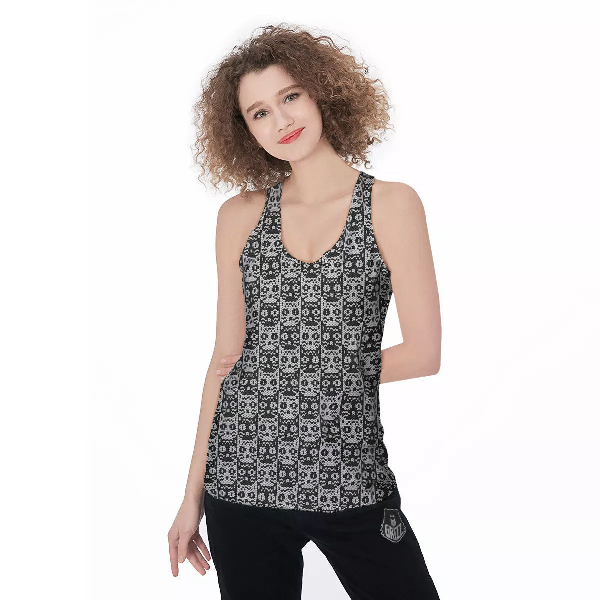 Knitted Black Cat Print Pattern Women's Racerback Tank Top-grizzshop